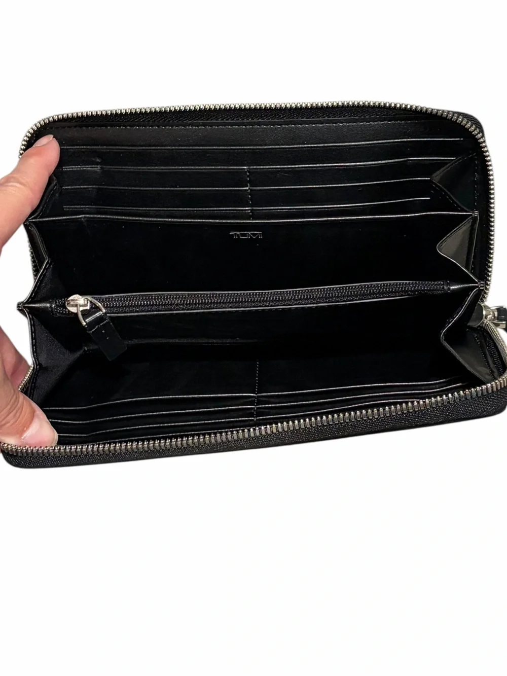 TUMI Black Leather Zip Around Continental Wallet